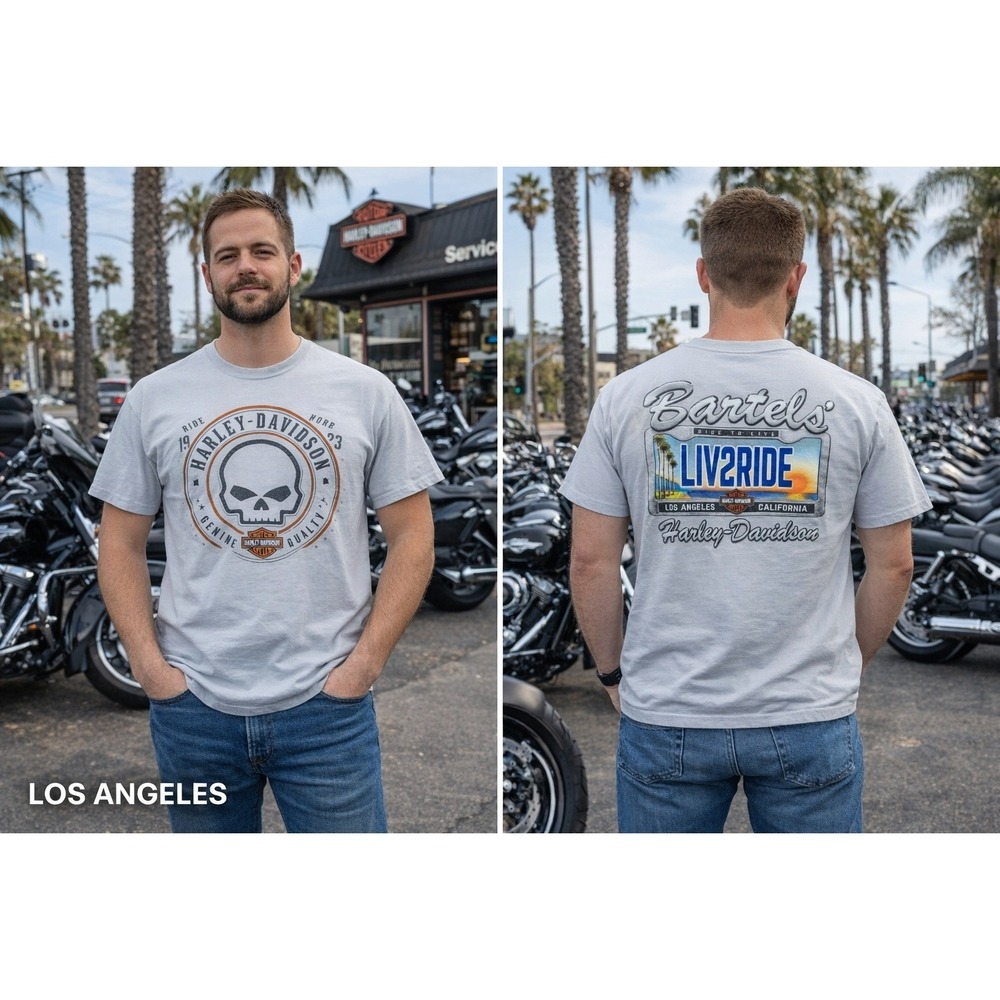 Harley Davidson Bartels Los Angeles Tee Skull Biker LIV2RIDE Back Hit Men's XL
